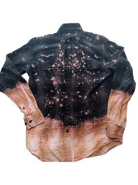 Small Bleach-Dyed Flannel Shirt Plaid Button-Up Faded Glory Mens Long Sleeve